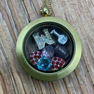 Origami Owl Gold Tone Locket 7 Floating Charms Necklace
